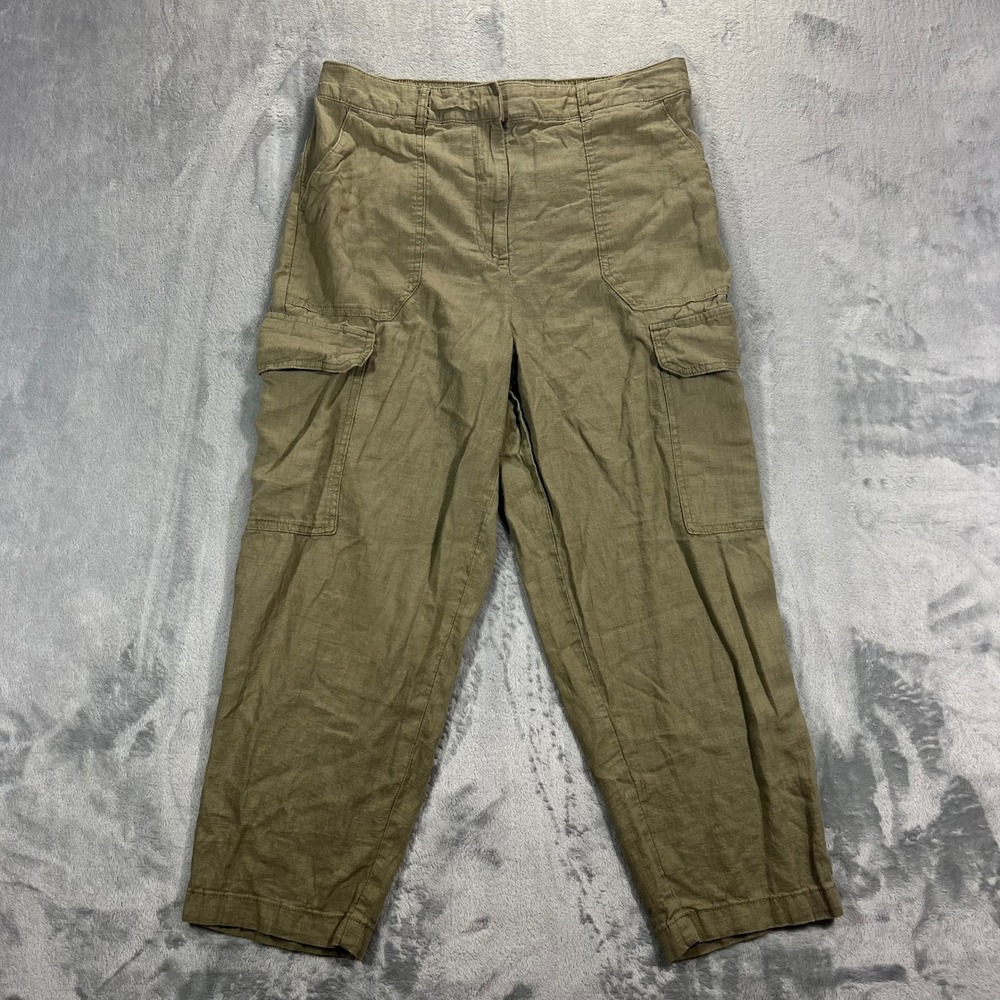 NEXT Cargo Pants Womens 10R Olive Green Linen Viscose Blend Relaxed Straight Leg